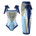 Three-piece bikini set with ornate blue and gold floral print and matching long sarong - S / Totem Series
