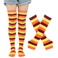 Striped knee-high socks and arm warmer set in yellow, orange and dark red tones - One Size / Thanksgiving Palette Striped