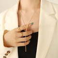 Women's 18K gold-plated stainless steel Y-shaped necklace and minimalist rings set - Gold / 55+5cm