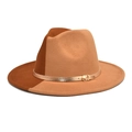 Detail of two-tone brown wool fedora hat with elegant gold buckle strap decoration - Khaki+Camel