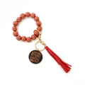 Leopard print beaded wristlet keychain with red tassel and engraved MAMA wood charm - Red