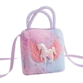 Detail of sequin unicorn and glitter wings on pink-blue gradient plush crossbody bag - Tie-Dye Purple