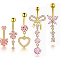 Pink zircon heart and butterfly belly button rings with gold-plated stainless steel - Pink Zirconia Collection