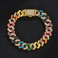 Hip hop rainbow enamel Cuban link bracelet with sparkling rhinestones in gold finish - 8 Inch (18cm) Bracelet / Gold Multicolor