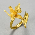 Golden S925 sterling silver iris flower ring with matte petal finish and adjustable band - Gold