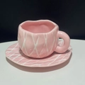 Handmade irregular pink ceramic coffee cup and saucer set with white cross line patterns - 250ML / Pink Argyle