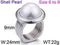 Golden titanium steel ring featuring a large white shell pearl on a wide silver band - Silver with Shell Pearl (KR46028-K)