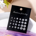 Set of 12 pairs assorted size heart and round cubic zirconia studs on black card - Gradient Round Style (2876-2)