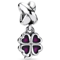 Silver four-leaf clover charm with purple enamel inlay and cross-textured link buckle - Purple/Silver