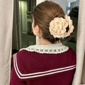 Elegant cream white rose hair claw clip for women made of soft textured fabric - 9cm / Beige