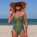 Olive green one-piece swimsuit with white trim and mesh panels for women - S / Army Green