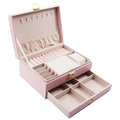 Elegant dual-layer pink leather jewelry organizer with drawers and ring slots - 23*17*10cm / Pink