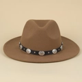 Brown wool felt jazz fedora hat with star patterned silver studs and leather band - M(56-58cm) / Khaki