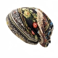 Floral print headscarf beanie for women featuring a black ethnic patterned slouchy design - Adult / Color & Pattern #3