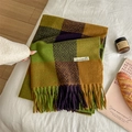 Winter plaid scarf with thick fringe and green-purple color blocks on white bedding - Green Yellow Grid