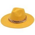 Close-up of bright yellow fedora hat featuring a chunky rose gold acrylic chain decoration - Adult (57-60cm) / Yellow
