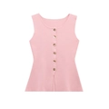 Detail of pink ribbed knit vest featuring elegant golden buttons and fine texture - Pink