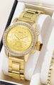 Women's gold-tone Geneva quartz watch with crystal bezel and matching metal link bracelet - Gold 1 Single Watch