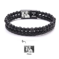 Detail of magnetic clasp with custom photo and text on double-layer beaded leather bracelet - Style 3 (Custom Photo)