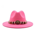 Detail of fuchsia fedora hat featuring a bohemian bead band and vintage metal buckle - Rose Red