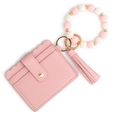 Pink faux leather card holder with silicone bead wristlet and long tassel keychain - Pink