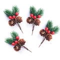 Artificial Christmas picks with brown pine cones, red berries and green pine needles - Double Leaf Pine Needle Red Berry Pine Cone (4pcs)