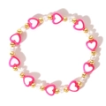 Pink heart bead bracelet with gold accents and clear crystals on elastic cord - Pink Heart Gold Bead Bracelet (QT-B24050801B)