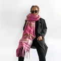 Detail showing the long tassels and soft mohair texture of the pink plaid scarf - Rose Red