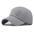 Detail of distressed grey cotton baseball cap with American flag patch and worn-out effects - Washed Grey