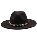 Dark brown wide brim faux suede cowboy hat featuring a chunky acrylic metal chain link - Coffee