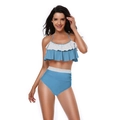 Blue two-piece bikini with ruffled straps and high-waisted striped bottoms for women - Kids 116 / Top And Bottom / Striped