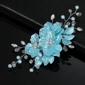 Elegant bridal hair clip with blue pearlescent flowers, pearls, and crystals on silver wire - Silver Wire Blue Flower
