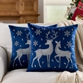 Set of 2 blue velvet Christmas pillow covers with silver reindeer and snowflake embroidery - Embroidered White Reindeer Blue Base/Blue