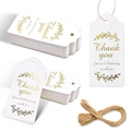White scalloped thank you tags with gold leaf design and jute twine for party favors - 24-White Bronzing Leaves