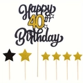Detail of black and gold glitter Happy 40 Birthday cake toppers with small stars - 40 Years Old