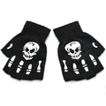 Detail of black fingerless knit gloves with luminous skull bone print for Halloween - Adult Half Finger-Skull