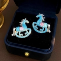 Exquisite silver rocking horse stud earrings with blue pave stones and pink center gems - E7944 Silver Pin-Silver Blue