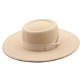 Detail of beige wool felt fedora featuring a wide brim and ribbon bow decoration - M (56-58cm) / Beige