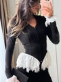 Top aderente nero a maniche lunghe con inserti in pizzo bianco e scollo a V con zip - S / Bianco