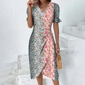 Short sleeve V-neck floral dress with blue and pink geometric patchwork and puff sleeves - Red and Blue Patchwork