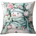 Muntgroene kerstkussensloop met schattige sneeuwpop en roze rozen illustratie design - Sneeuwpop met Muntgroene Hoed
