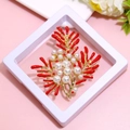 Elegant red coral branch brooch with white faux pearls and gold metal base in a gift box - XZ059-Red Coral-Boxed