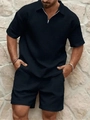 Men's summer dark blue waffle knit two-piece set with half-zip polo shirt and shorts - Navy Blue