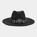 Detailed shot of a black wide brim felt hat featuring ethnic turquoise beaded bands - M (56-58cm) / Vintage Turquoise Medal Style (Color 7#)