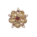 Golden flower brooch with yellow crystal petals and a red central gemstone - Yellow Crystal Flower