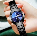 Women's quartz watch with black steel strap and deep blue sunray dial and day-date display - Black Case Black Band Blue Light Glass