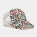 Detail of floral printed mesh trucker hat featuring sunflower and cactus patterns - Style 23-Mixed Ethnic Print