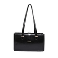 Minimalist black patent leather baguette bag with metal buckle and shoulder strap - Black