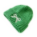 Kids chunky knit beanie in green featuring white bow embroidery for winter warmth - Green