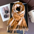 British style camel checkered cashmere-feel scarf with white windowpane plaid and tassels - Camel & White Plaid (WT170-3)